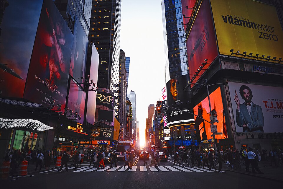 Times Square, three blocks east (Manhattan Plaza)