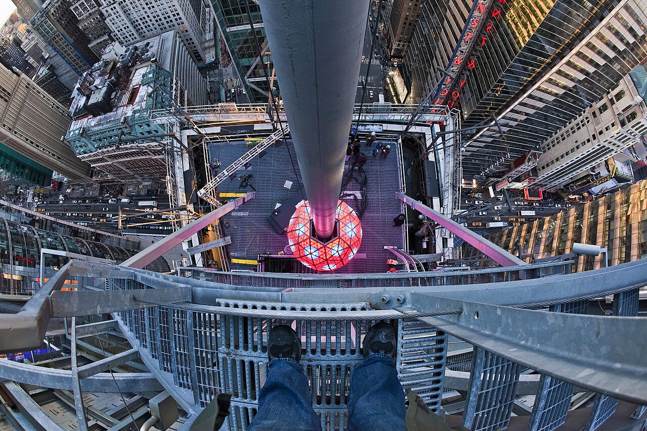 Looking down at the Times Square New Year’s Eve ball from the rigging above it